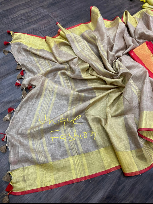 Khaki Linen Saree(Search Code-10117)
