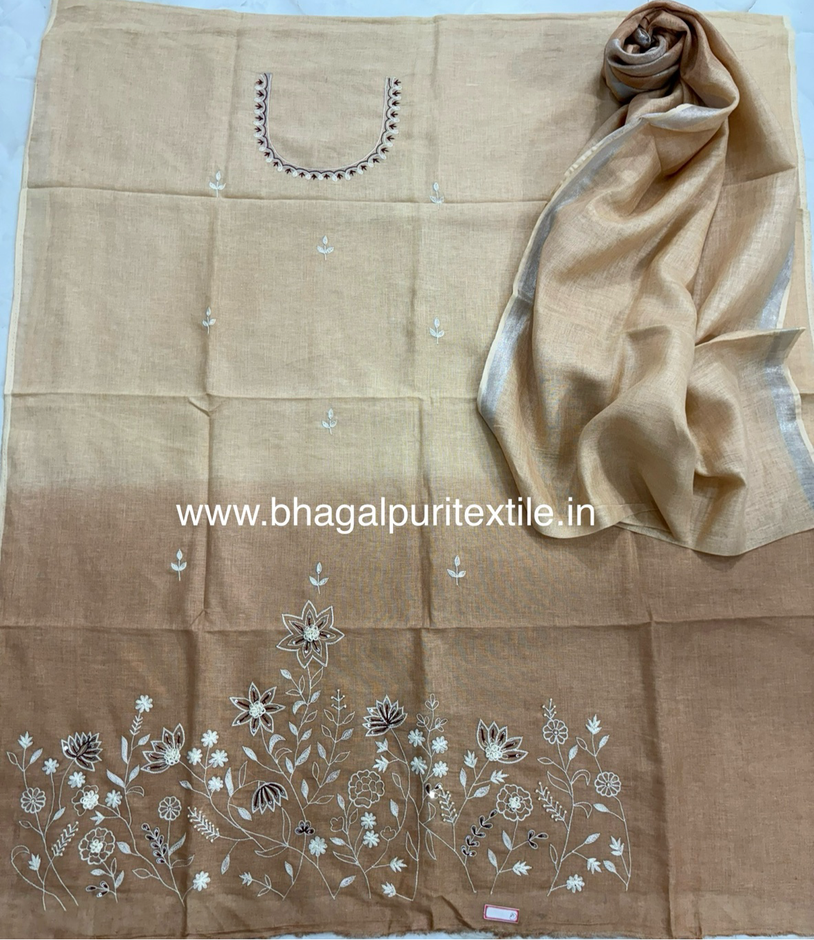 Linen Hand Embroidered Multi Color Dress material With dupatta (Search Code-1045).