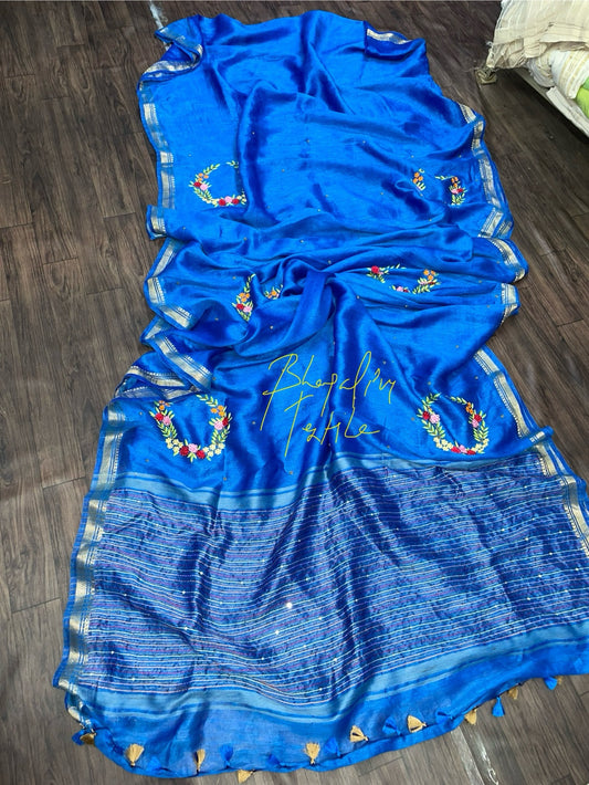 Linen Soft Silk Chand Fench Knot Hand Embodried Saree(Searc Code-10151)