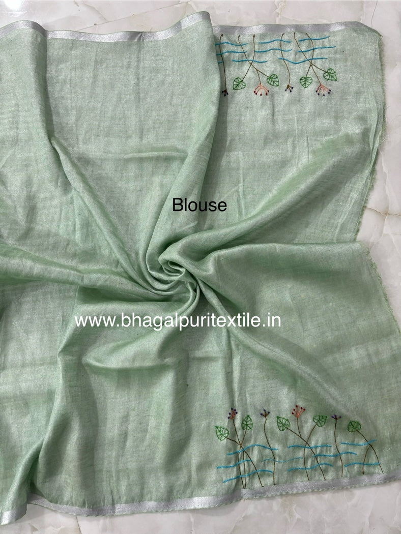 Pista Green Linen Hand Embroidered 4M Work Saree (Search Code-1052)