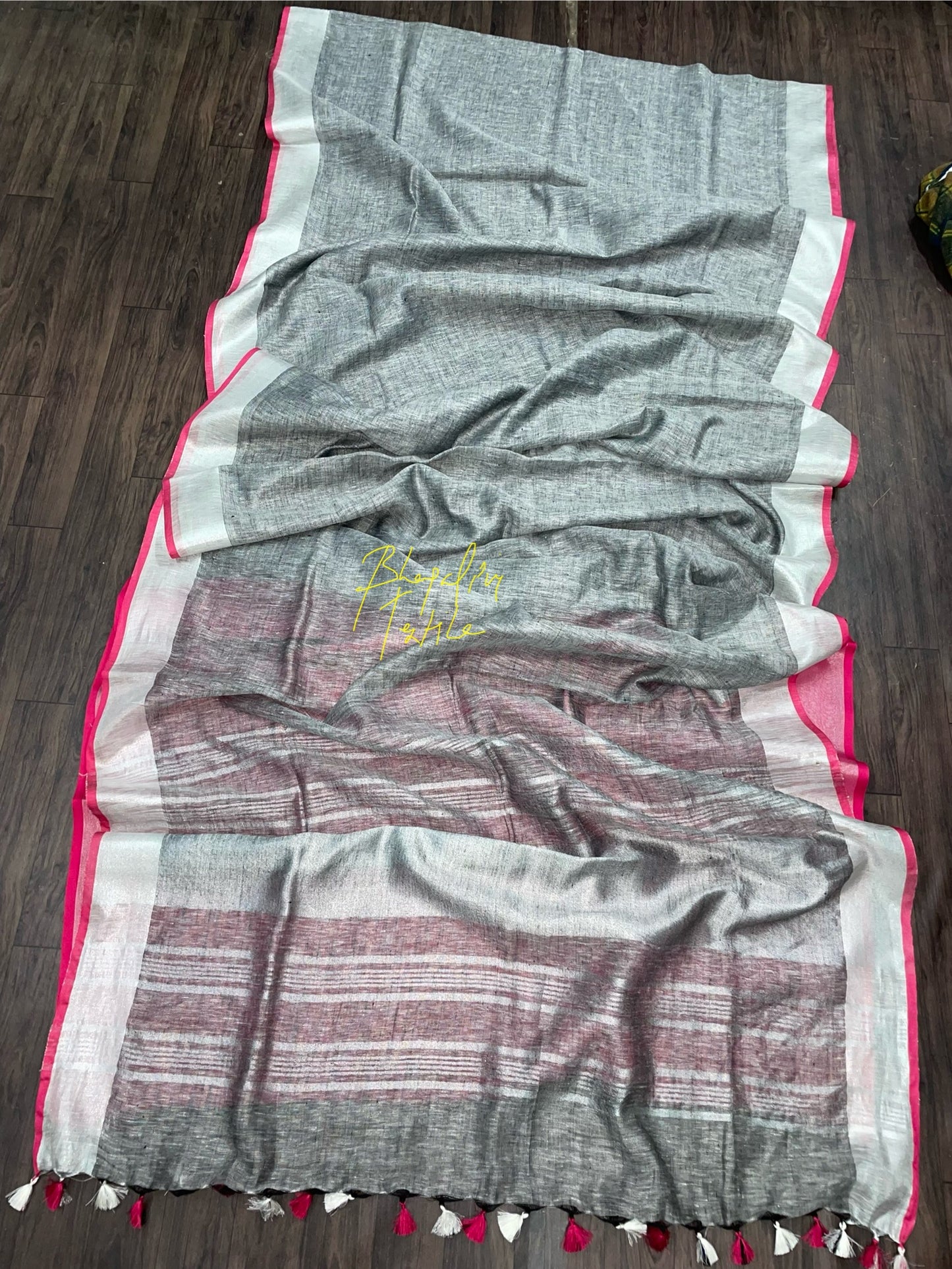 Linen Grey Saree with pink pipine
