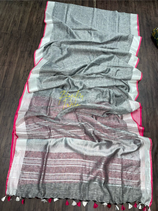 Linen Grey Saree with pink pipine(Search Code-10109)