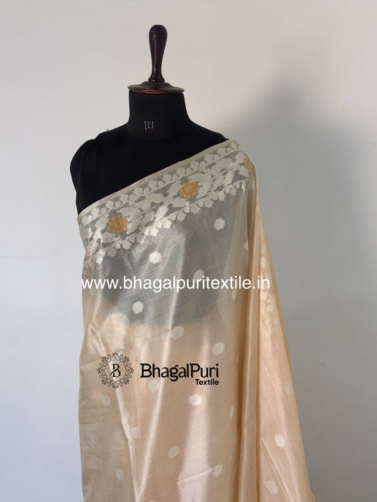Ivory Gold Pure Tussar Silk Jamdani Saree with Polka dot al over body (Search code-10172).