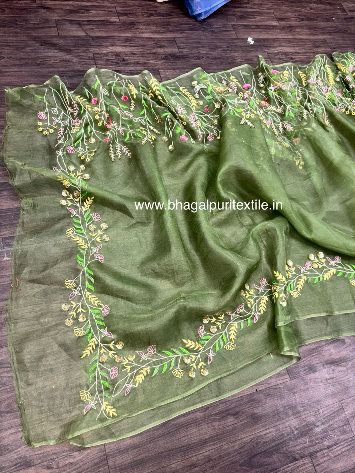 Luminous Leaf Lattice Organza Silk Hand Embroidered Saree Green (Search Code:-1023)