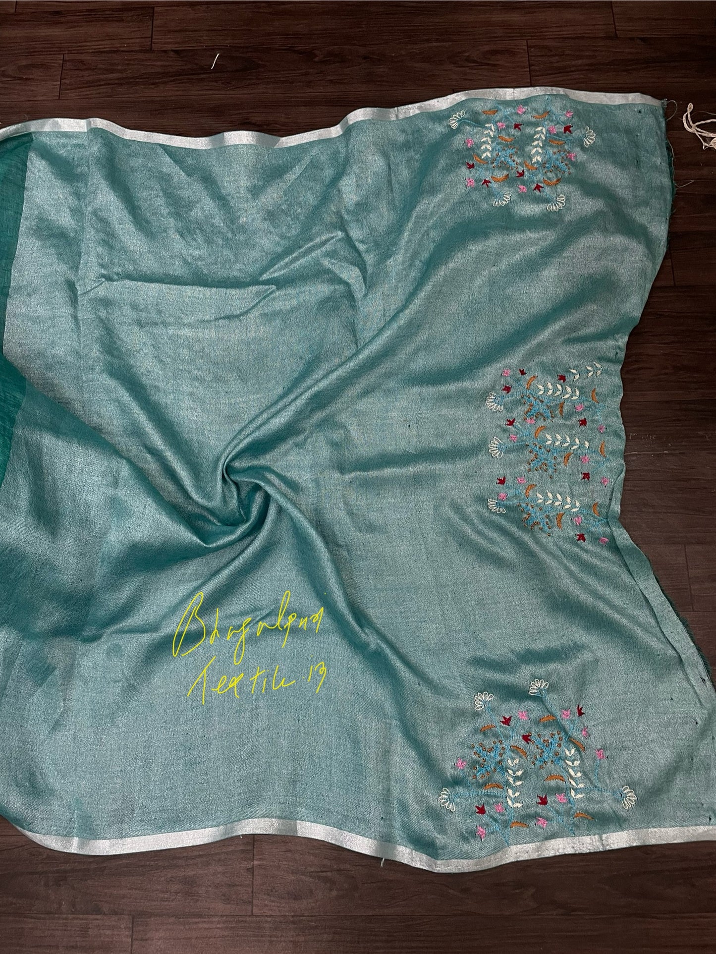 Fountain Blue Linen Hand Embroidered Saree & Blouse (Search Code-1013)