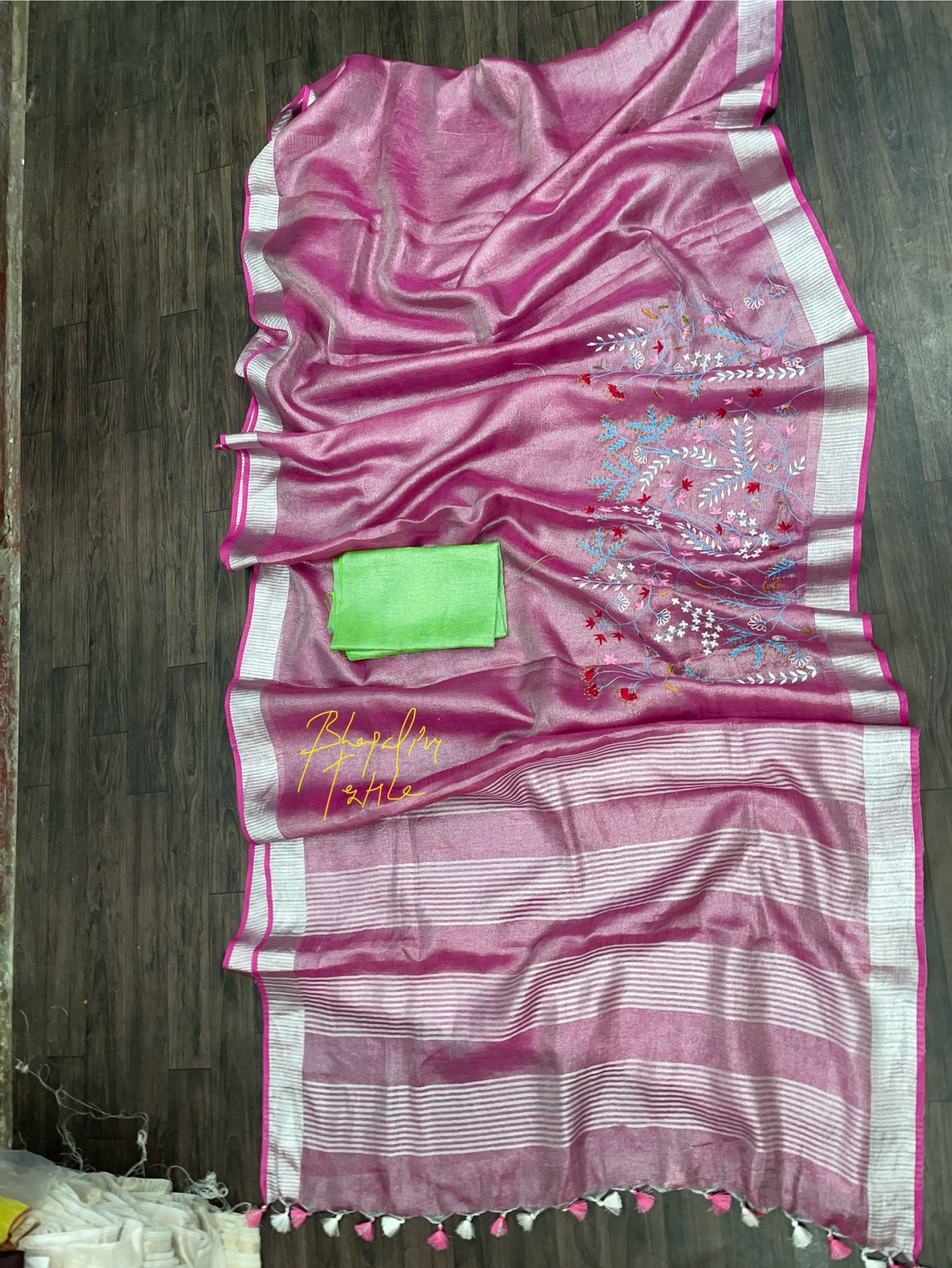 GleamingGrace Hand Embroidered Tissue Linen Saree (Search code-10102)