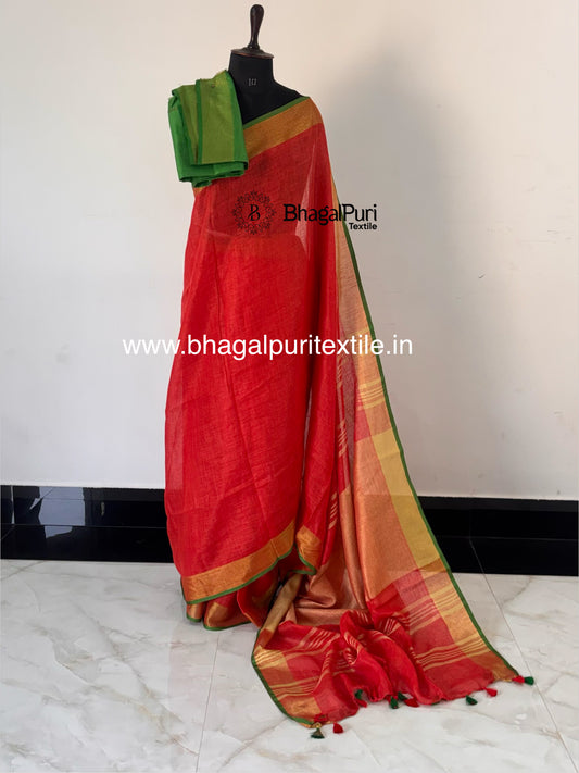 Carmine Pink Pure Linen Saree(Search Code-10127)