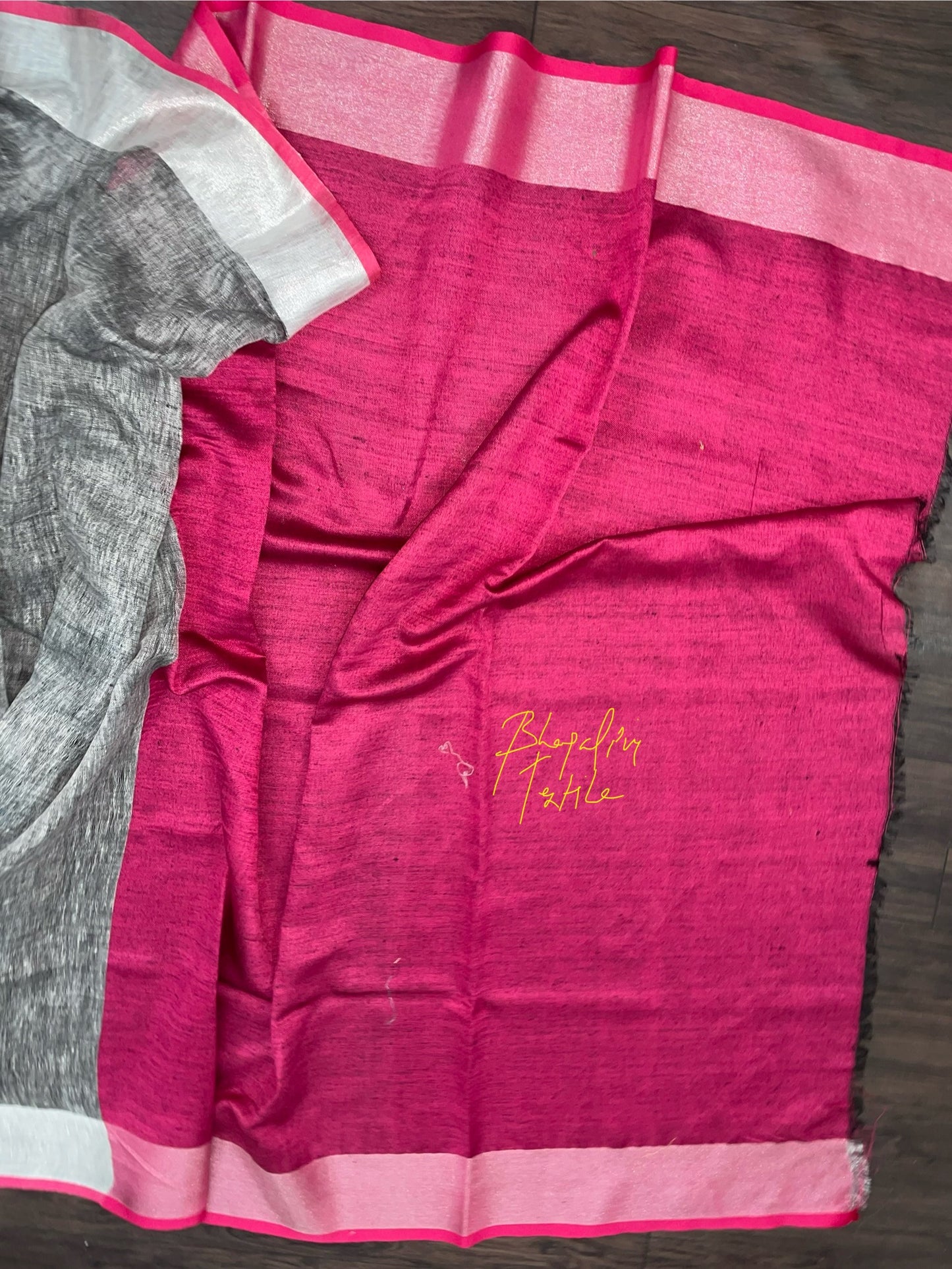 Linen Grey Saree with pink pipine(Search Code-10109)