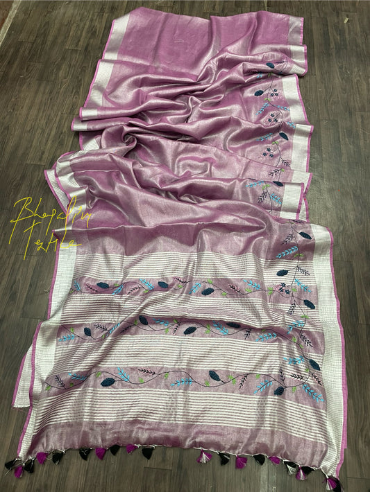 Tissue Linen Fenchknot Hand Embroidered Saree Lavender (Search Code -10105)