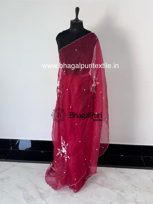 Modern Festive Organza Saree with Hand Embroidery & Beads With Running Blouse Pcs 1m (Search Code- 1046)