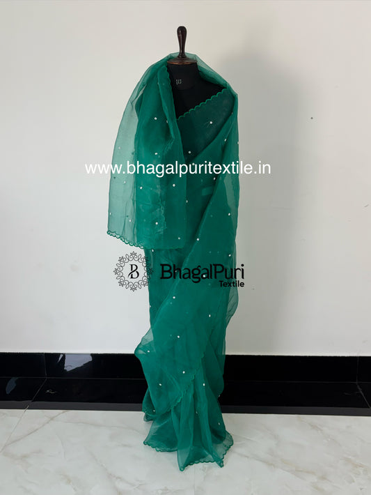 Handcrafted Blue Stone Organza Saree with Pearl Detailing & Designer Cutwork Border (Search Code-10165)