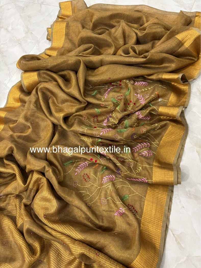 Customized Copper Handwork Tissue Linen Saree (Search code -1065)