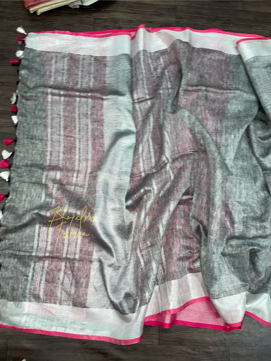 Linen Grey Saree with pink pipine(Search Code-10109)