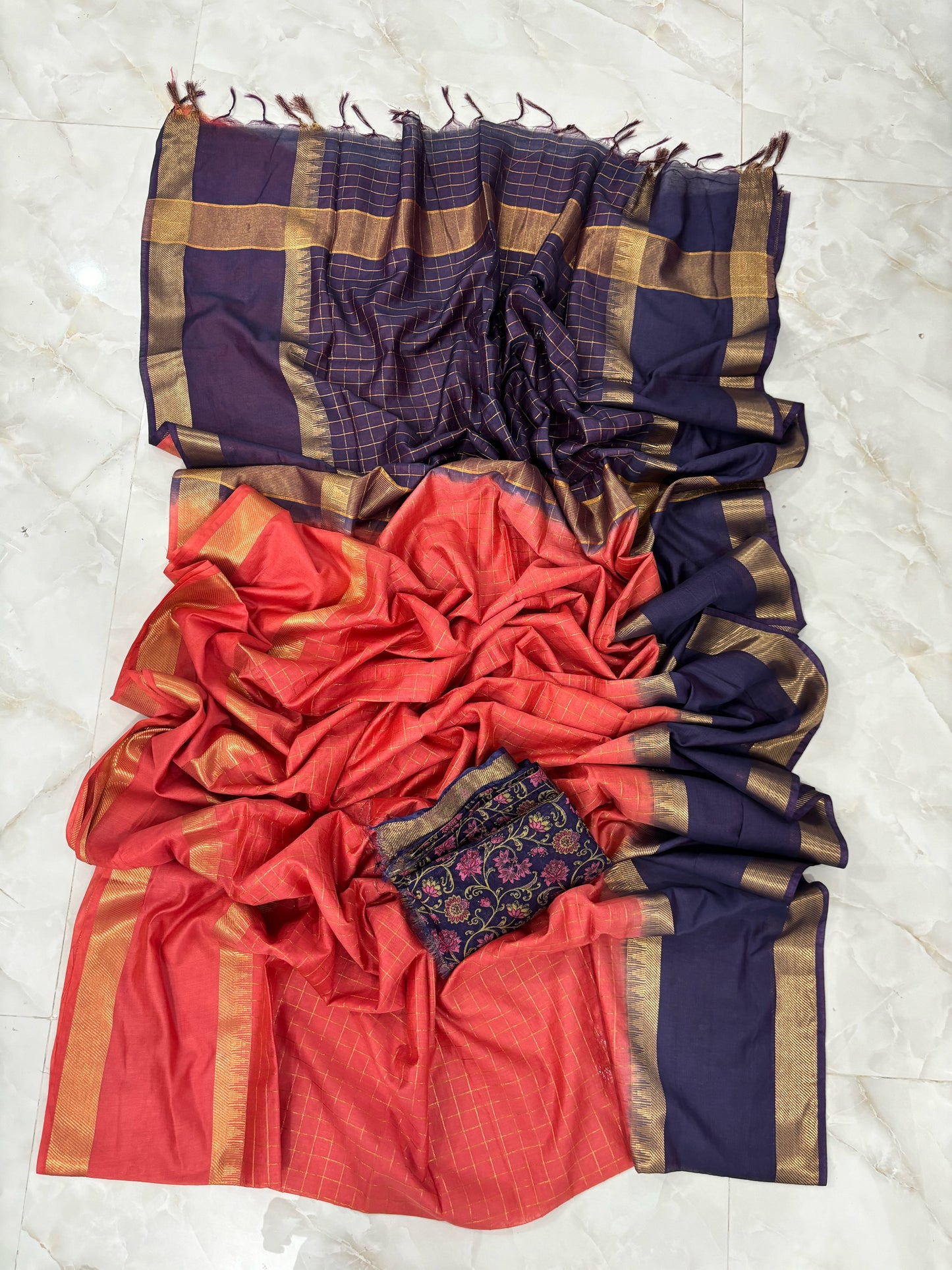Mangalgiri Cotton Silk Saree With printed Blouse