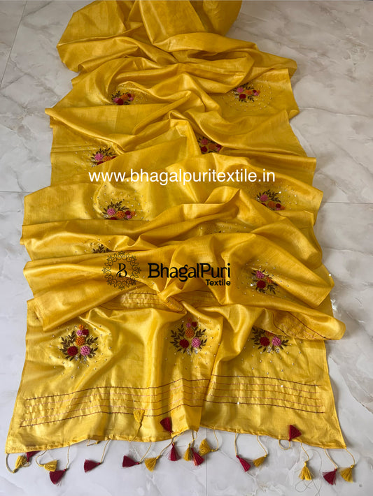 Golden Basant Yellow Pure Tussar Silk Designer Saree (Search Code-10168)