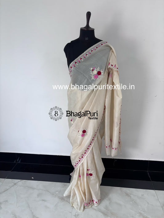 Pearl Veil Tussar Hand Embroidery Saree With Running 1M Blouse.(Search Code-10167)