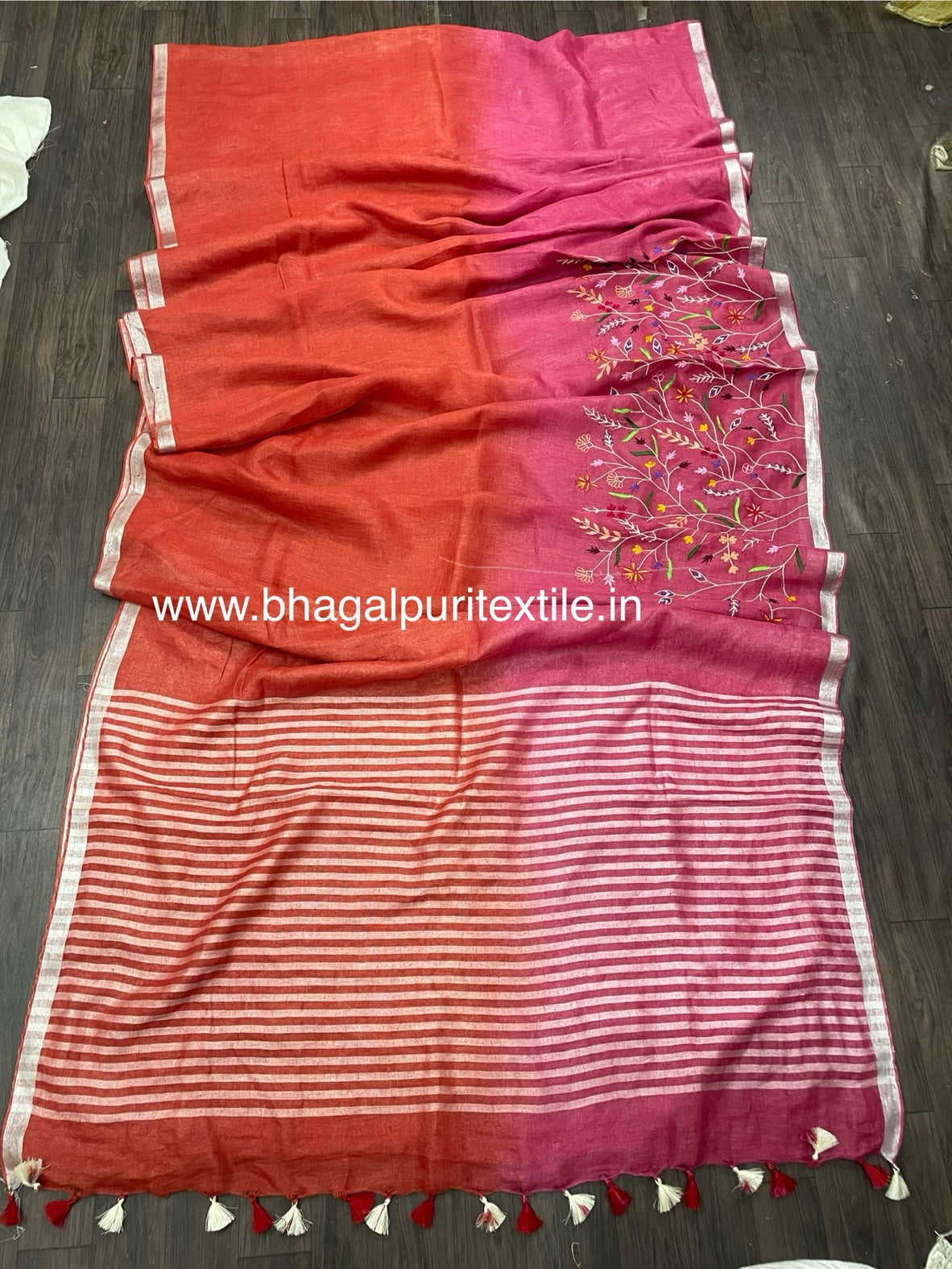Rosewood Harmony Linen Hand Embroidered Saree ( Search Code-1030)