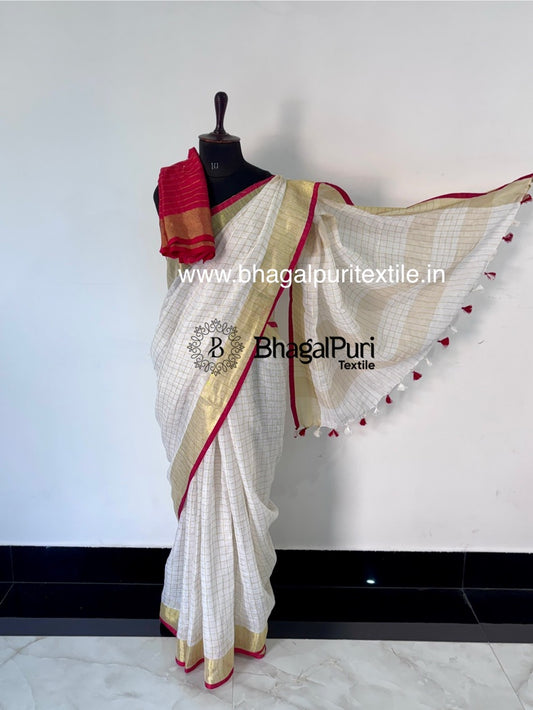 Onari β The Onam Charm Check Linen Saree (Search code-1092)