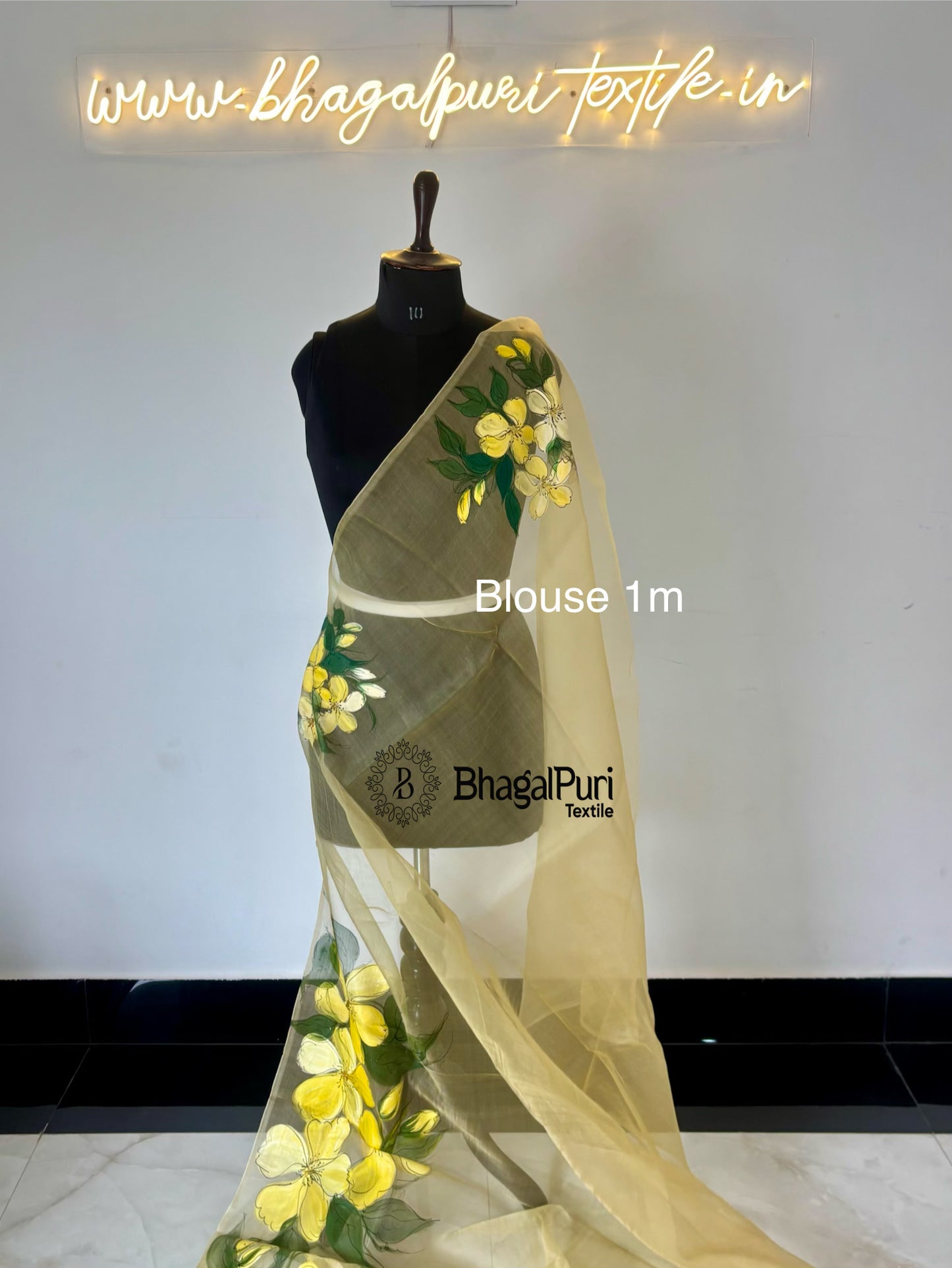 Golden Petals Organza Full Hand Paint ArtSaree With Painted Blouse 1m (Search Code-10190).