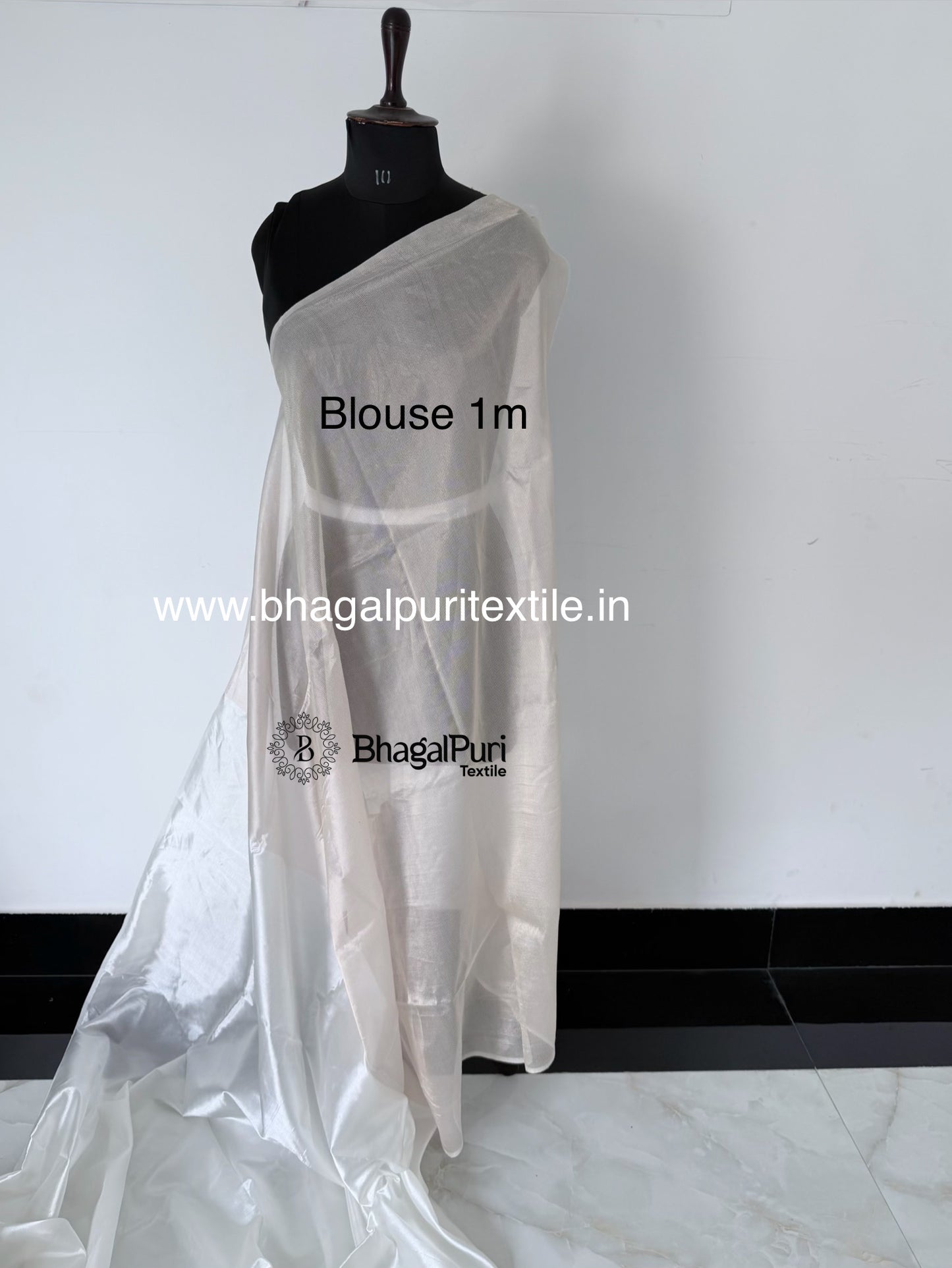 Peal white Dupionsilk Saree with Contrast Blouse pcs 1m (Search Code-10192).