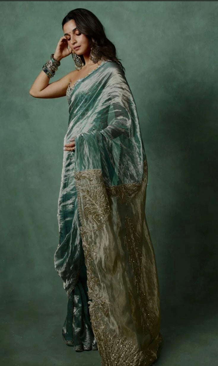 Alia Noor Smoky Green Sage Tissue Silk Saree With Running Blouse 1m Without Work (Search Code-10195)