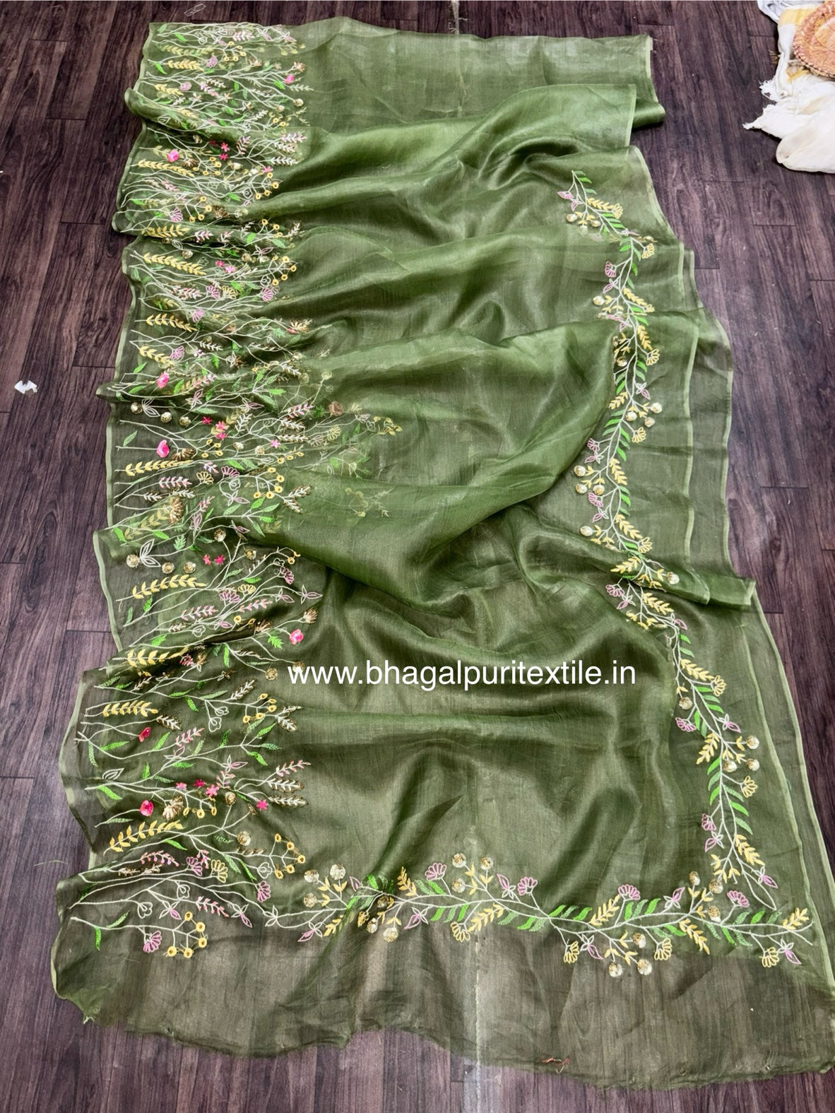 Luminous Leaf Lattice Organza Silk Hand Embroidered Saree Green (Search Code:-1023)