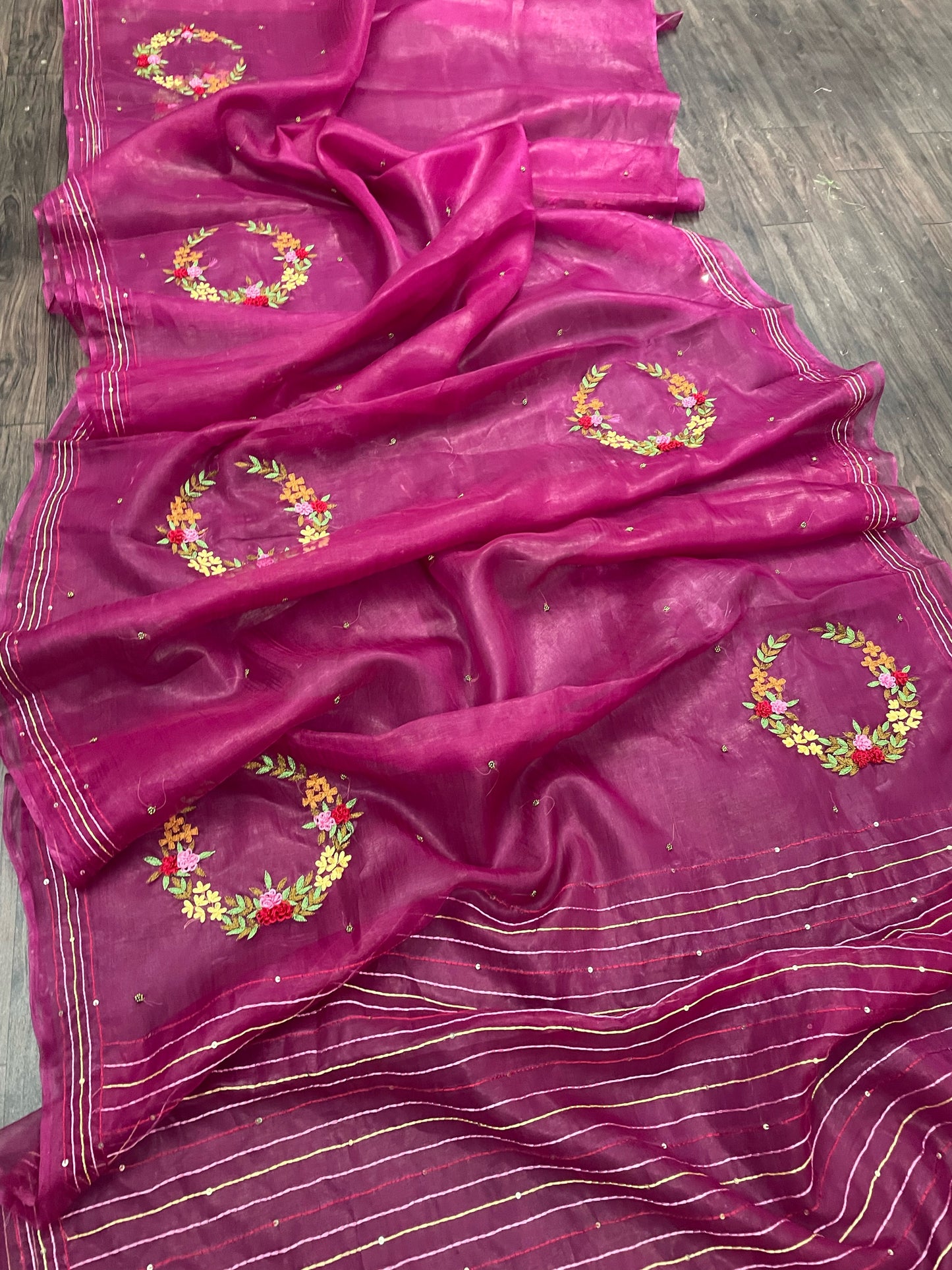 Organza Fenchknot Hand Embroidered Saree(Search Code-10138)
