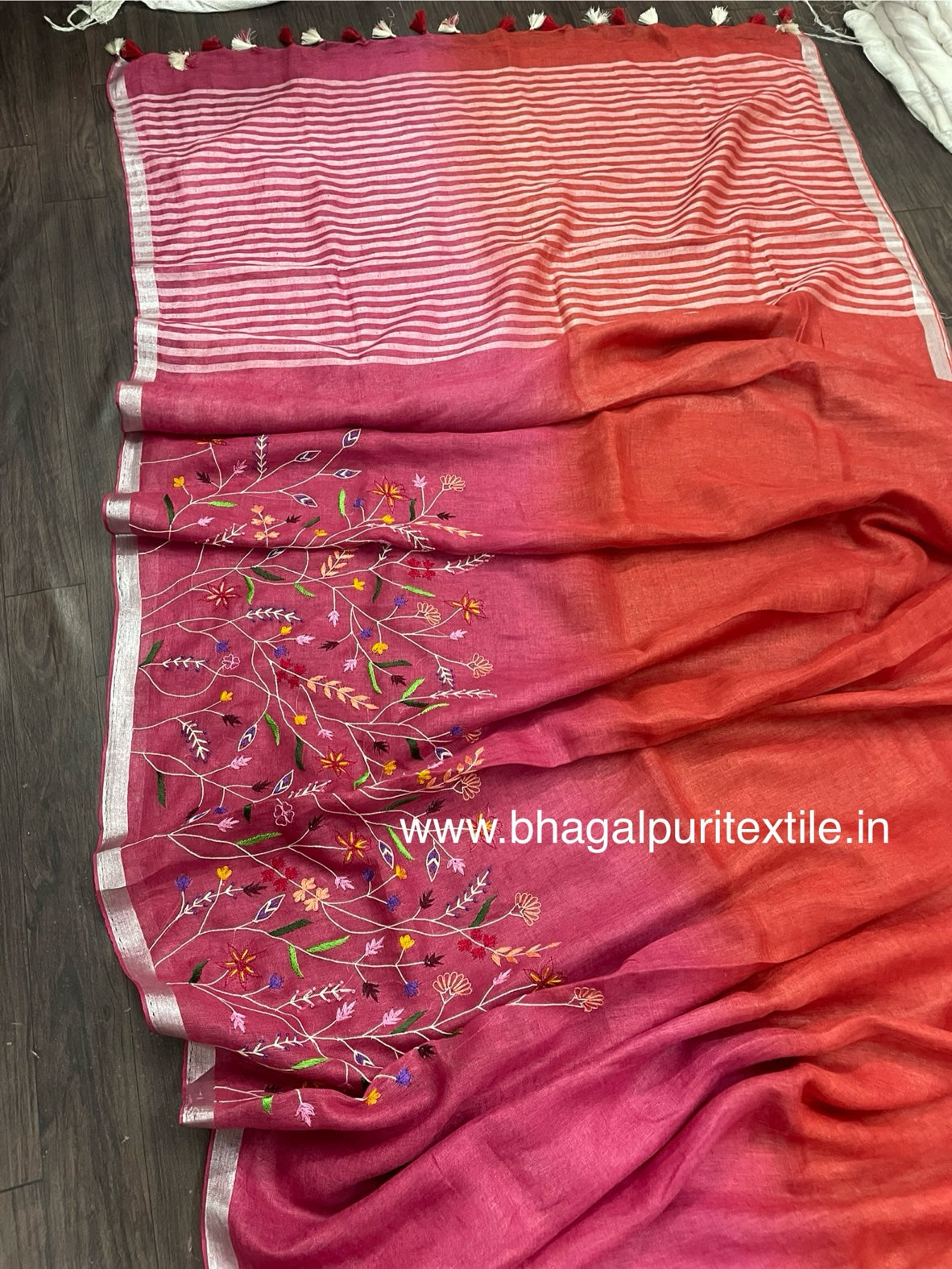 Rosewood Harmony Linen Hand Embroidered Saree ( Search Code-1030)