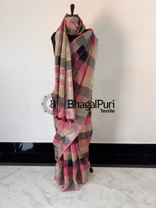 Pink Black Check Linen Saree Handwoven Plain Linen Sari For Women With Running Blouse 1M (Search code-10176).