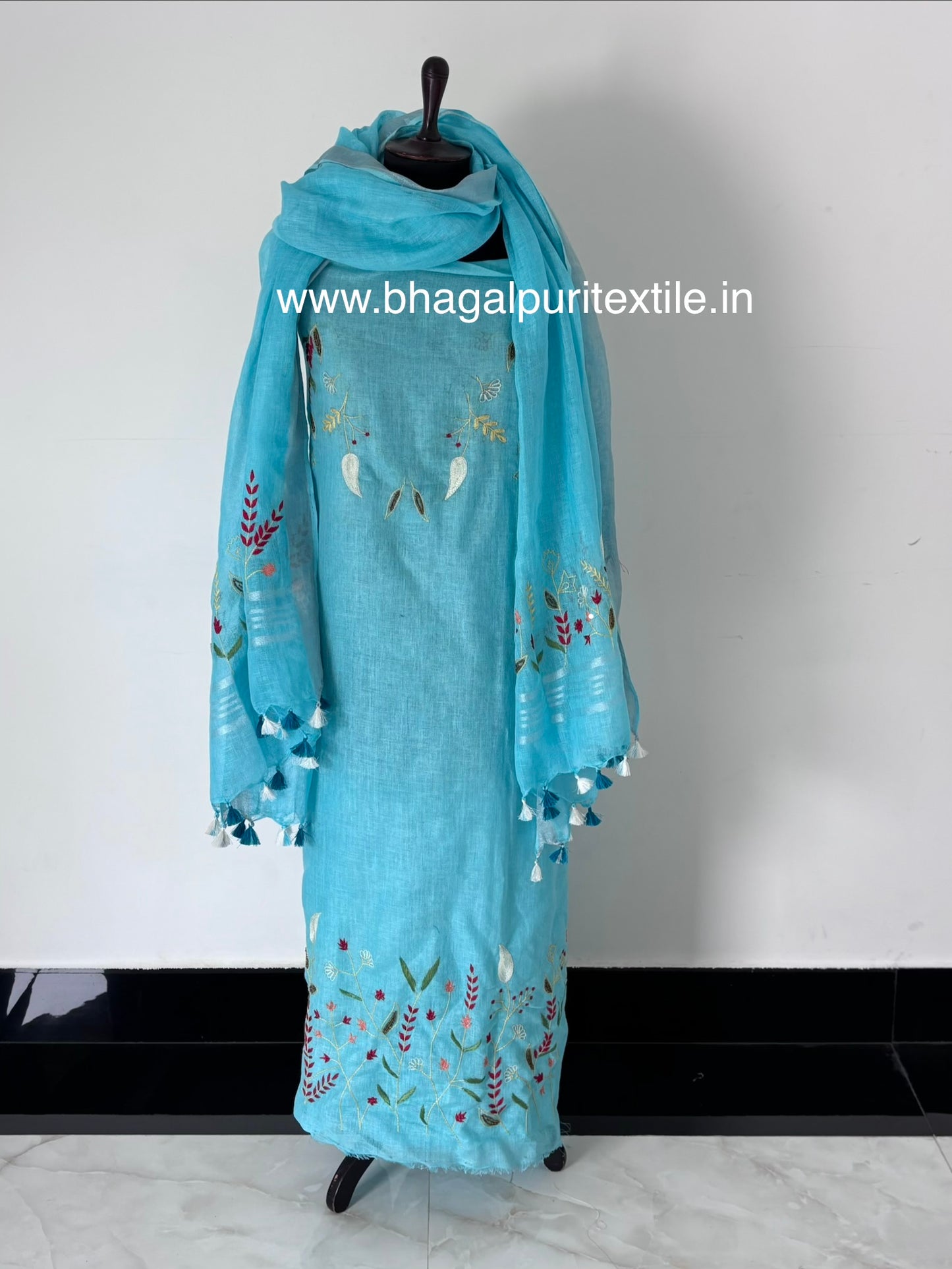 Linen Hand Embroidered Multi Color Dress material With dupatta (Search Code-1045).