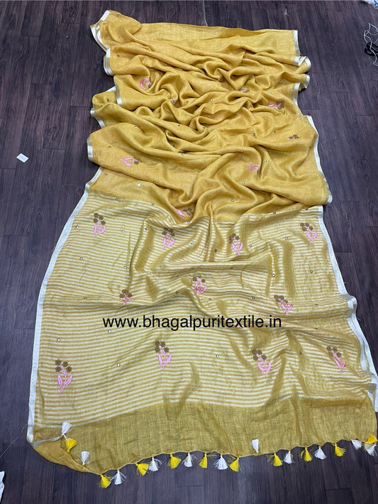 Haldi Linen Embroidery Saree(10131)