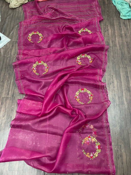 Organza Fenchknot Hand Embroidered Saree(Search Code-10138)
