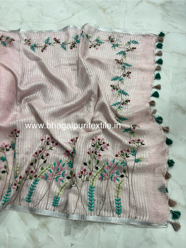 Rose Petal Hand Embroidered Linen Saree (Search Code-1044)