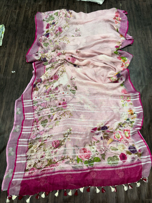 Linen Digital Print Saree(Search Code-10133)