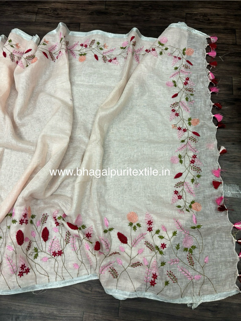 Majestic Handcrafted Linen Saree White (Search Code-1035)
