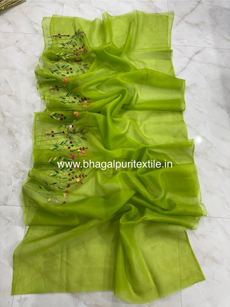 Green Leaf Pure Organza Silk Hand Embroidered Saree (Search code-1066)