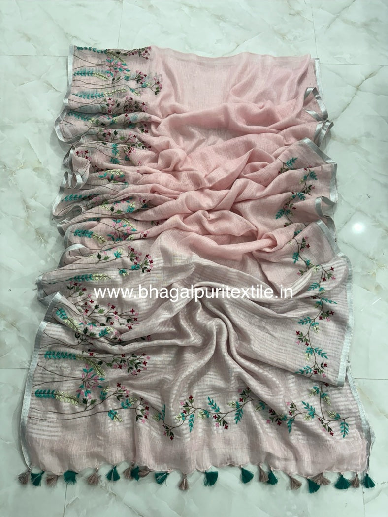 Rose Petal Hand Embroidered Linen Saree (Search Code-1044)