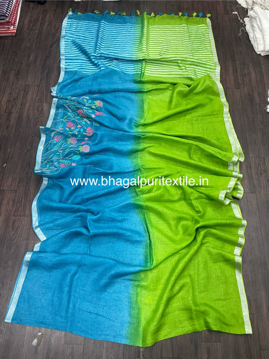 Green and Pacific Blue Dual Tone Saree Linen Hand Embroidered Saree (Search Code-1029)