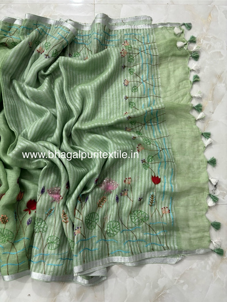 Pista Green Linen Hand Embroidered 4M Work Saree (Search Code-1052)