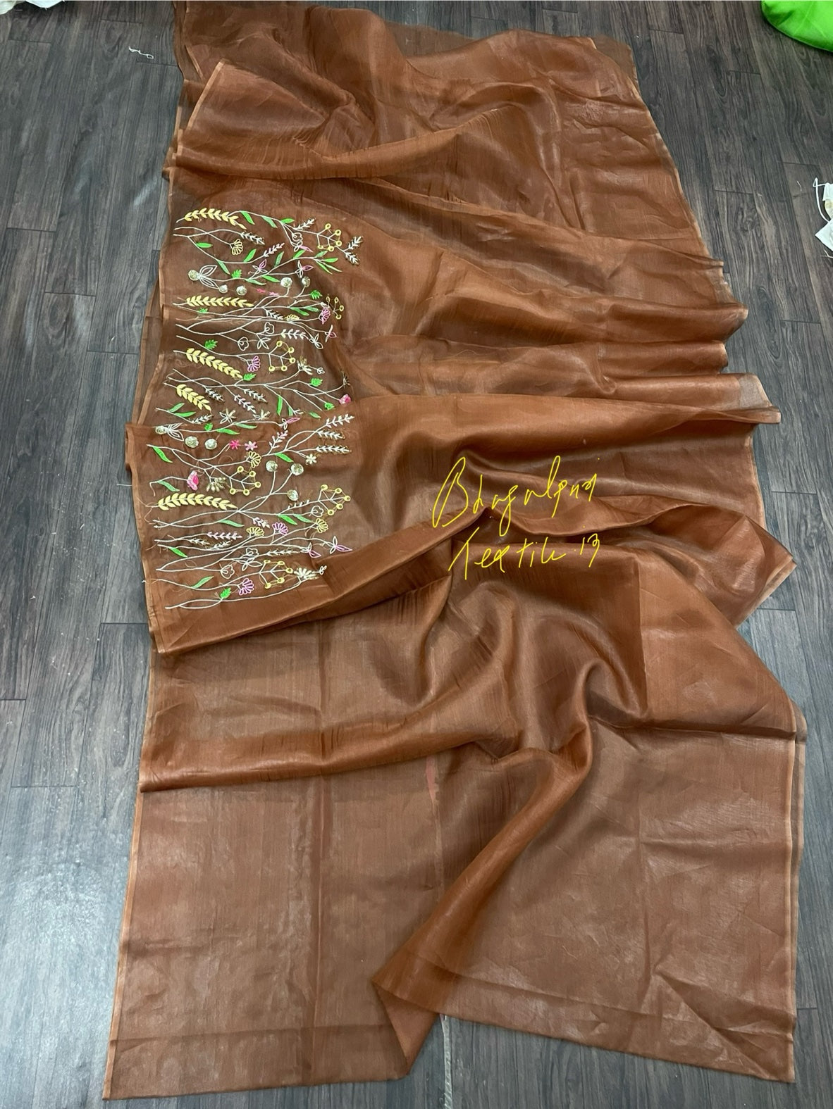 Organza Silk Coffee Hand Embroidered Saree (Search Code-1020)