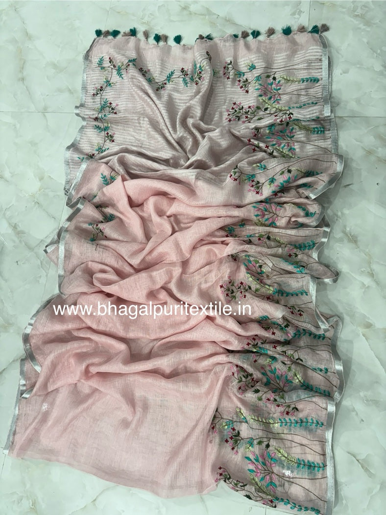 Rose Petal Hand Embroidered Linen Saree (Search Code-1044)