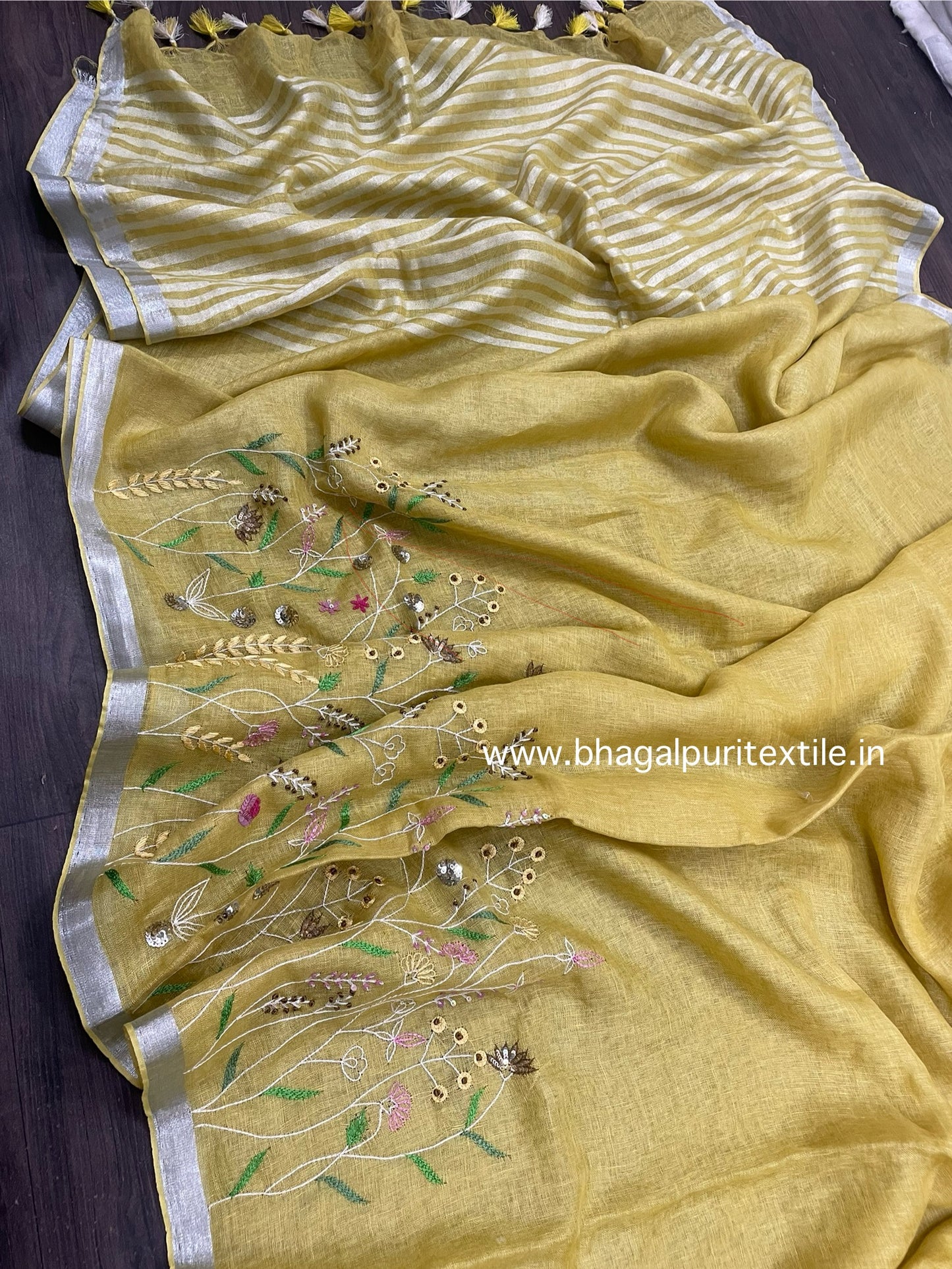 Linen Hand Embroidered Saree Yellow (Search Code-1026)