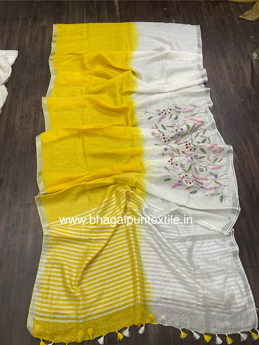 Sunlit Blossoms Linen White And Yellow Dual Color Hand Embroidered Saree (Search Code -1028)