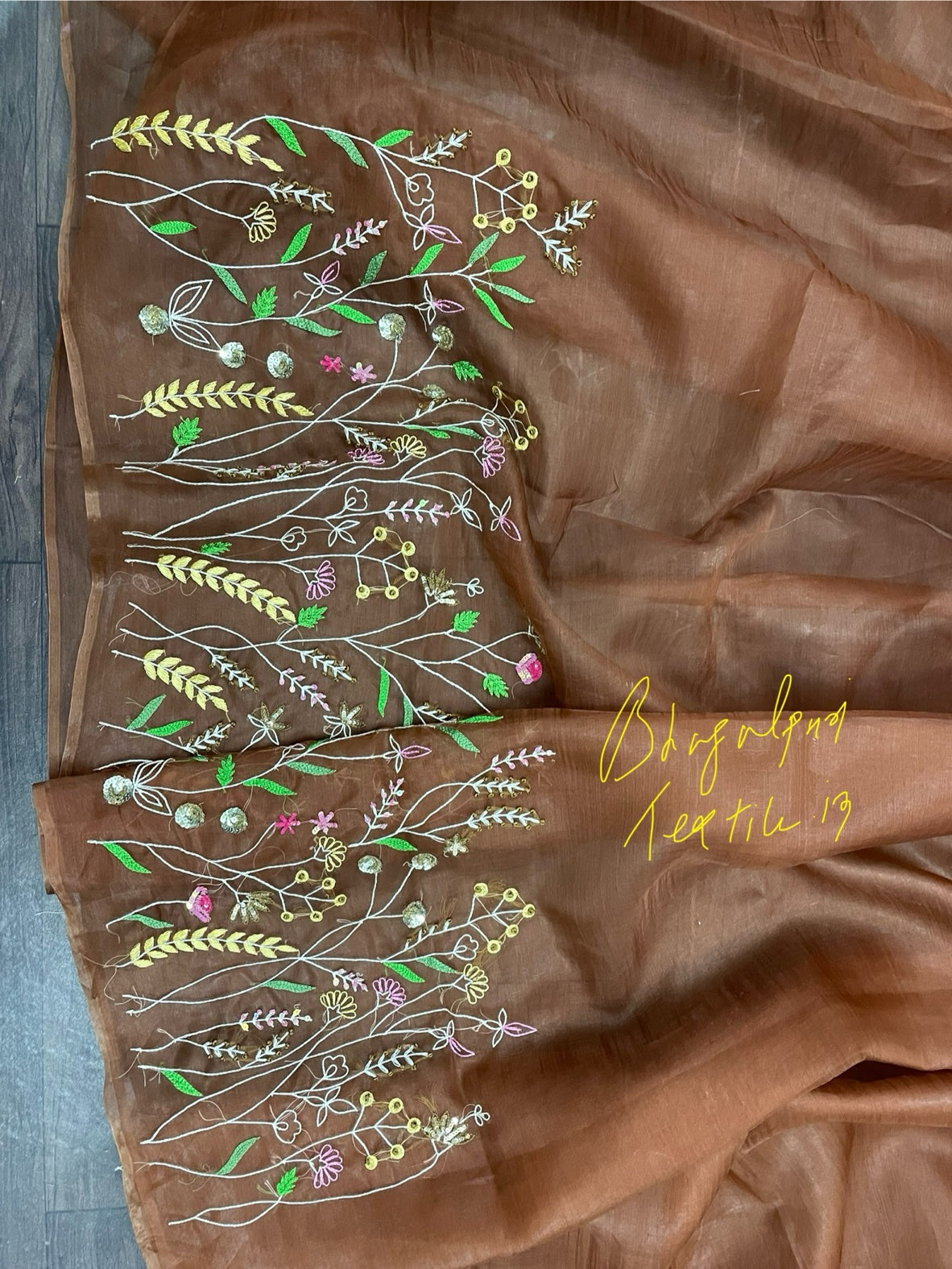 Organza Silk Coffee Hand Embroidered Saree (Search Code-1020)
