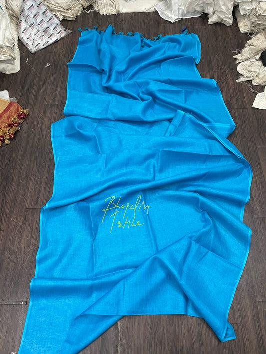 Linen Firoza Plain Saree(Search Code-10111)