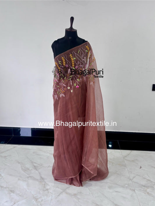 Choco Mist β Light Brown Organza Embroidered Saree With Running Plain Blouse pcs 1 m (Search Code-1020)