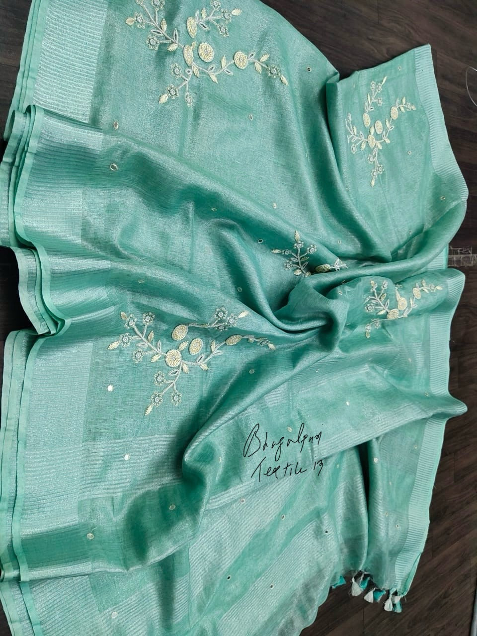 Tissue Linen Hand Embroidered Saree (Search Code -1006)