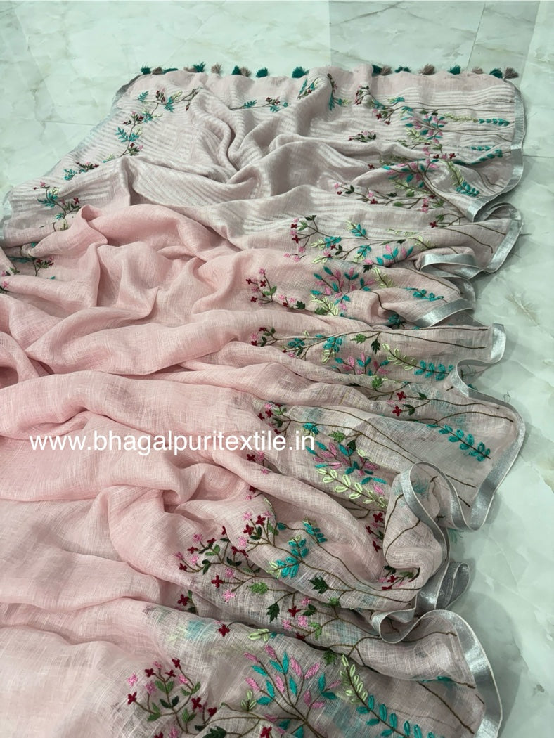 Rose Petal Hand Embroidered Linen Saree (Search Code-1044)