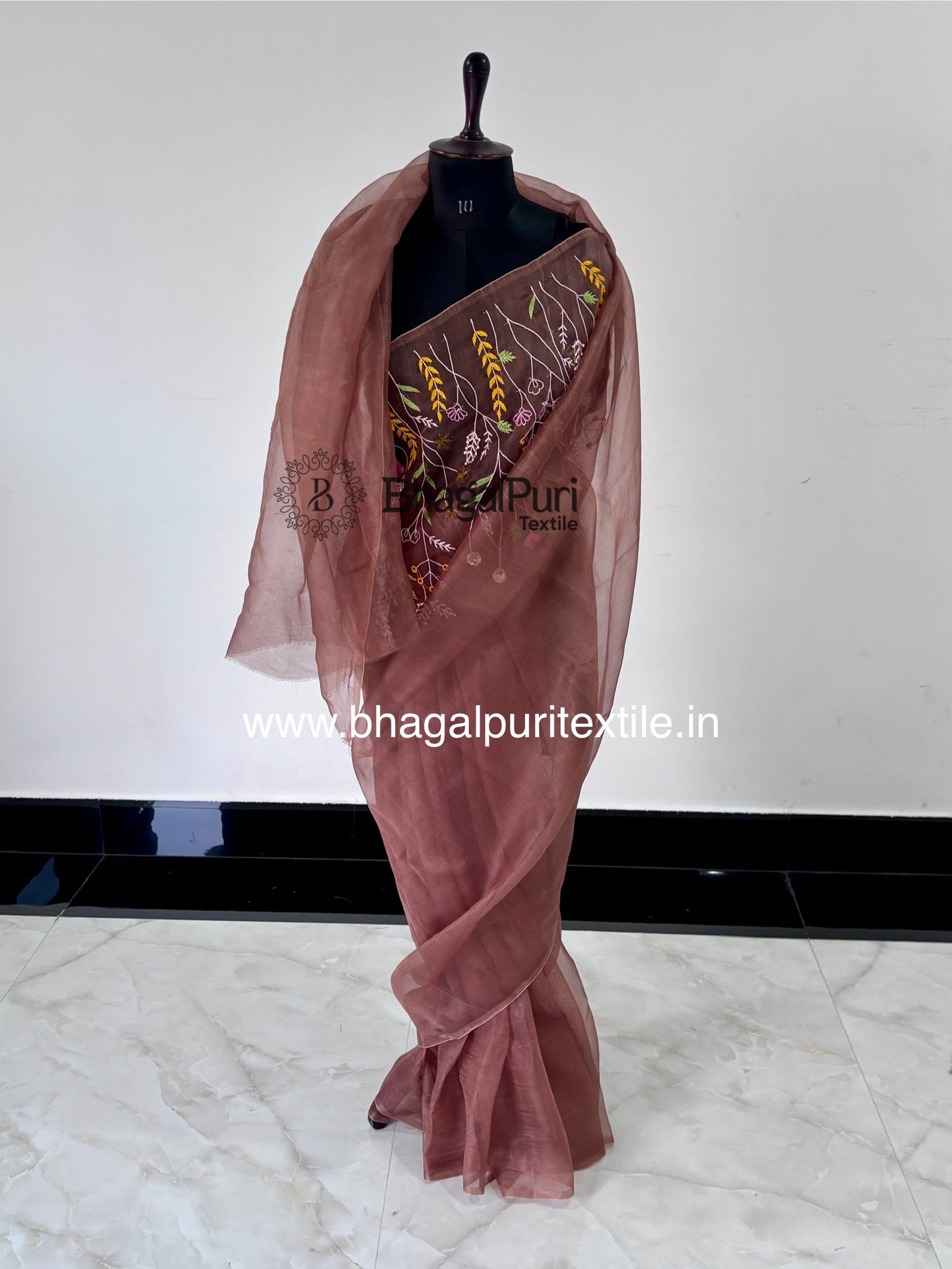 Choco Mist β Light Brown Organza Embroidered Saree With Running Plain Blouse pcs 1 m (Search Code-1020)