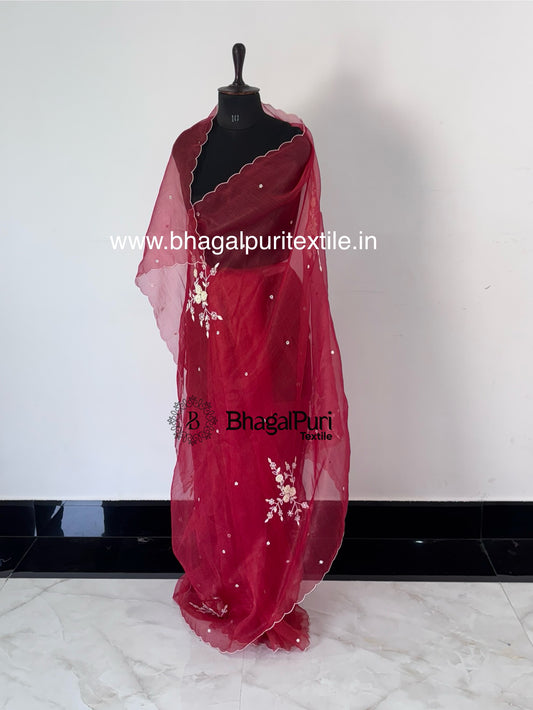 Modern Festive Organza Saree with Hand Embroidery & Beads With Running Blouse Pcs 1m (Search Code- 1046)